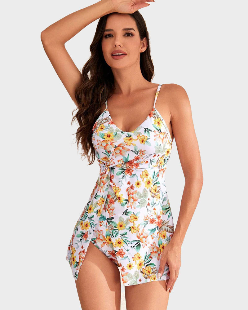 Tummy Control V Neck Twist Knot Tropical Skirted Swimdress