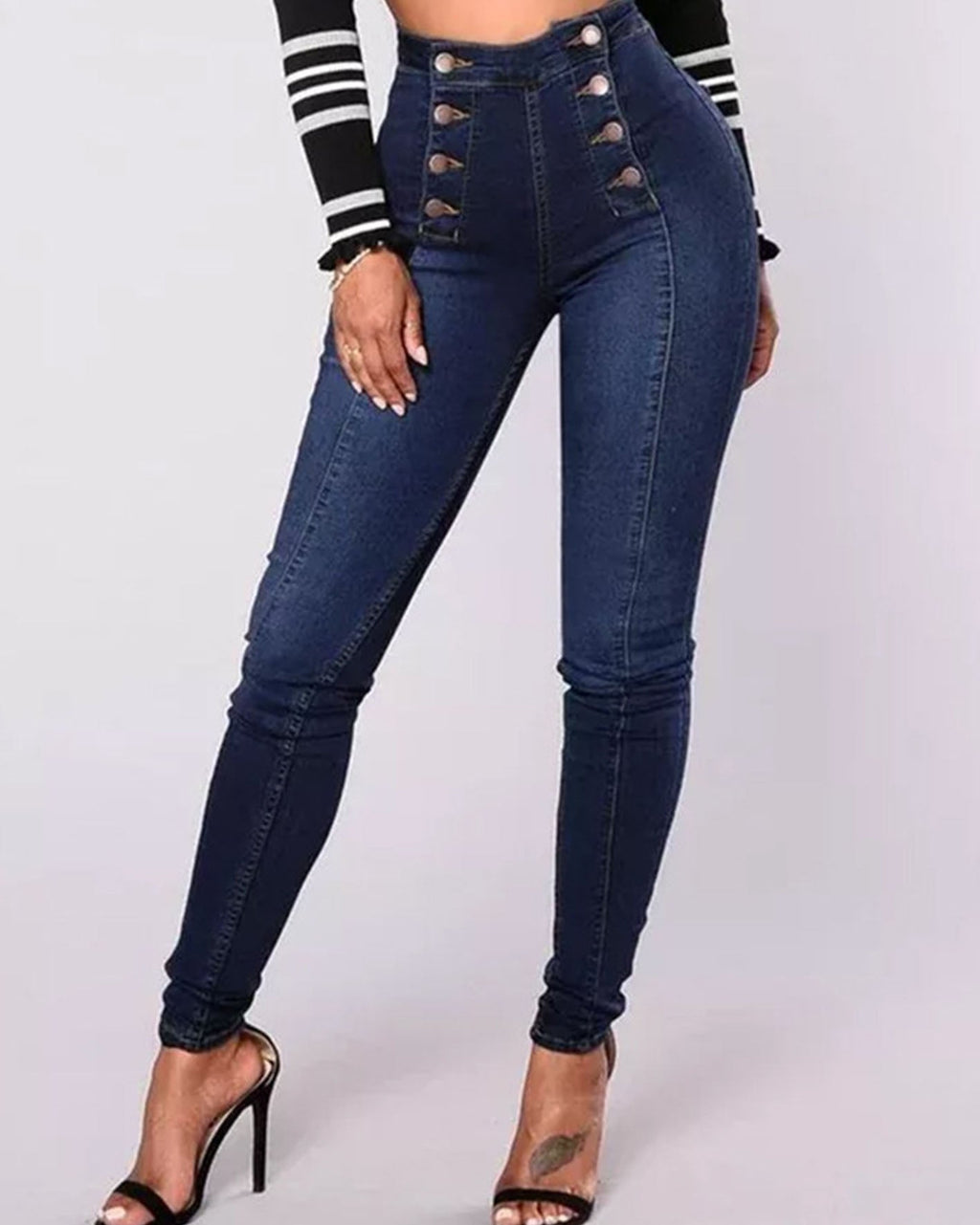 SheCurve® High-Waisted Casual Two-Row Stretch Jeans With Multiple Buttons