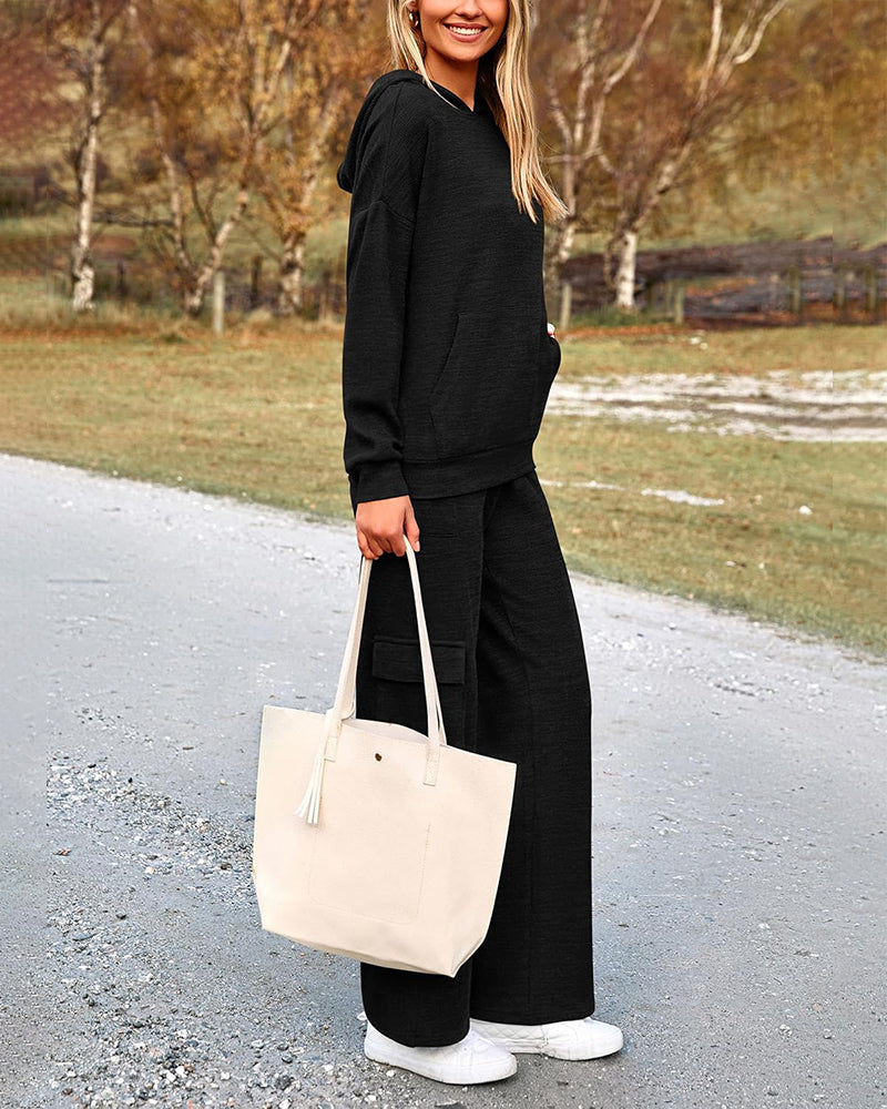 2-Piece Knit Hoodie & Wide Leg Pants Outfit