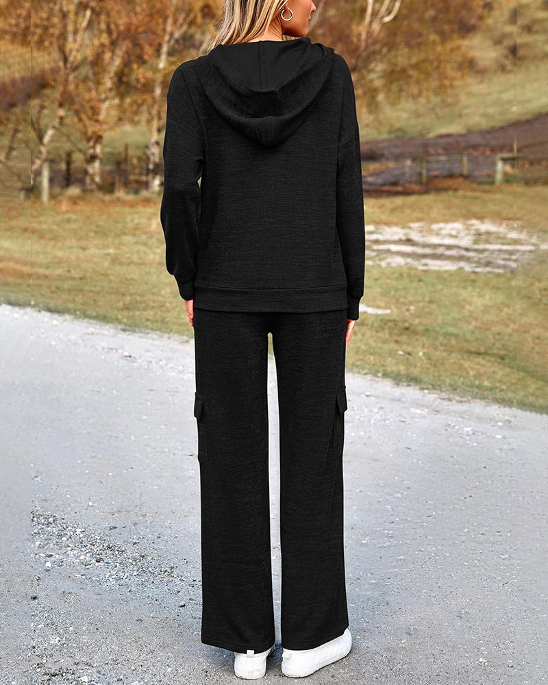 2-Piece Knit Hoodie & Wide Leg Pants Outfit