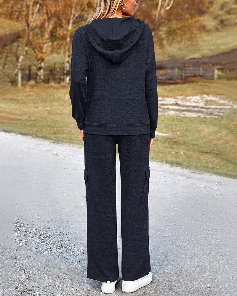 2-Piece Knit Hoodie & Wide Leg Pants Outfit