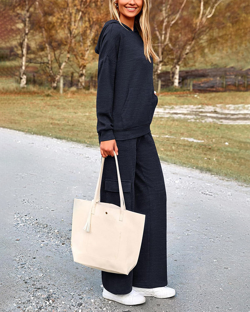 2-Piece Knit Hoodie & Wide Leg Pants Outfit