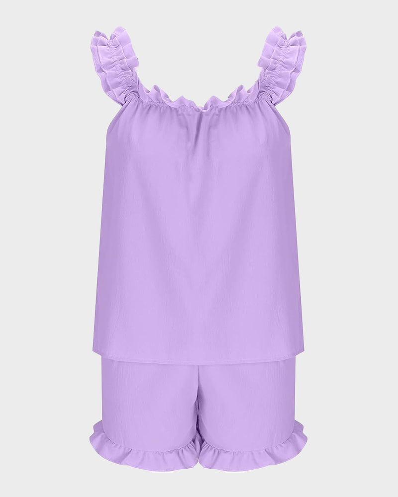 2-Piece Soft Pajama Set with Ruffle Tank Top & Shorts