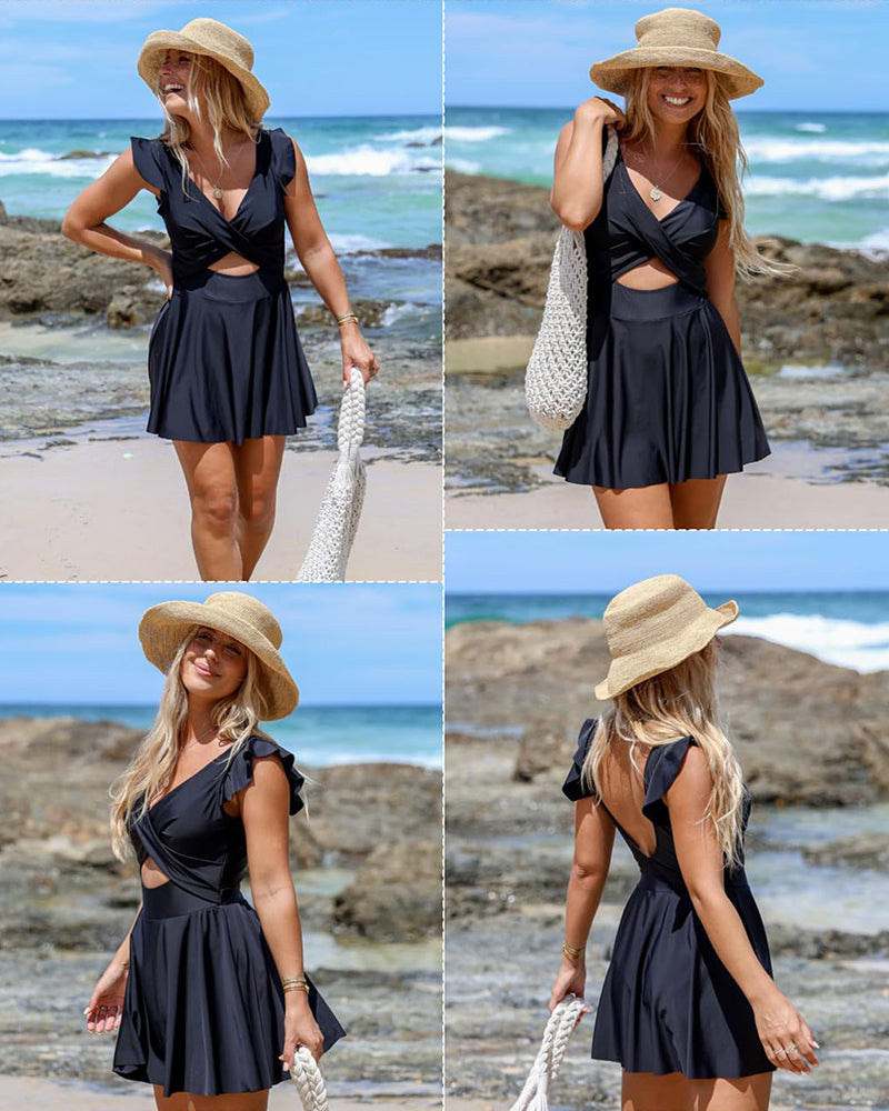 Ruffle Sleeve Cross Front Swimsuit Dress