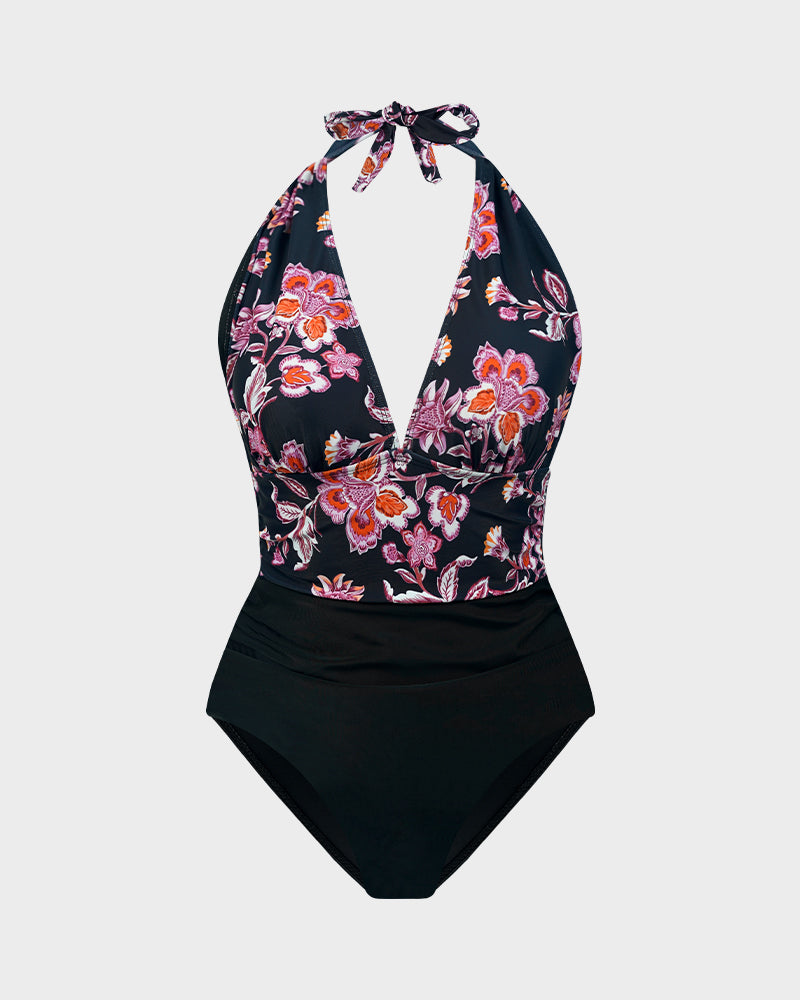 Deep V Halter Neck Backless One-Piece Swimsuit