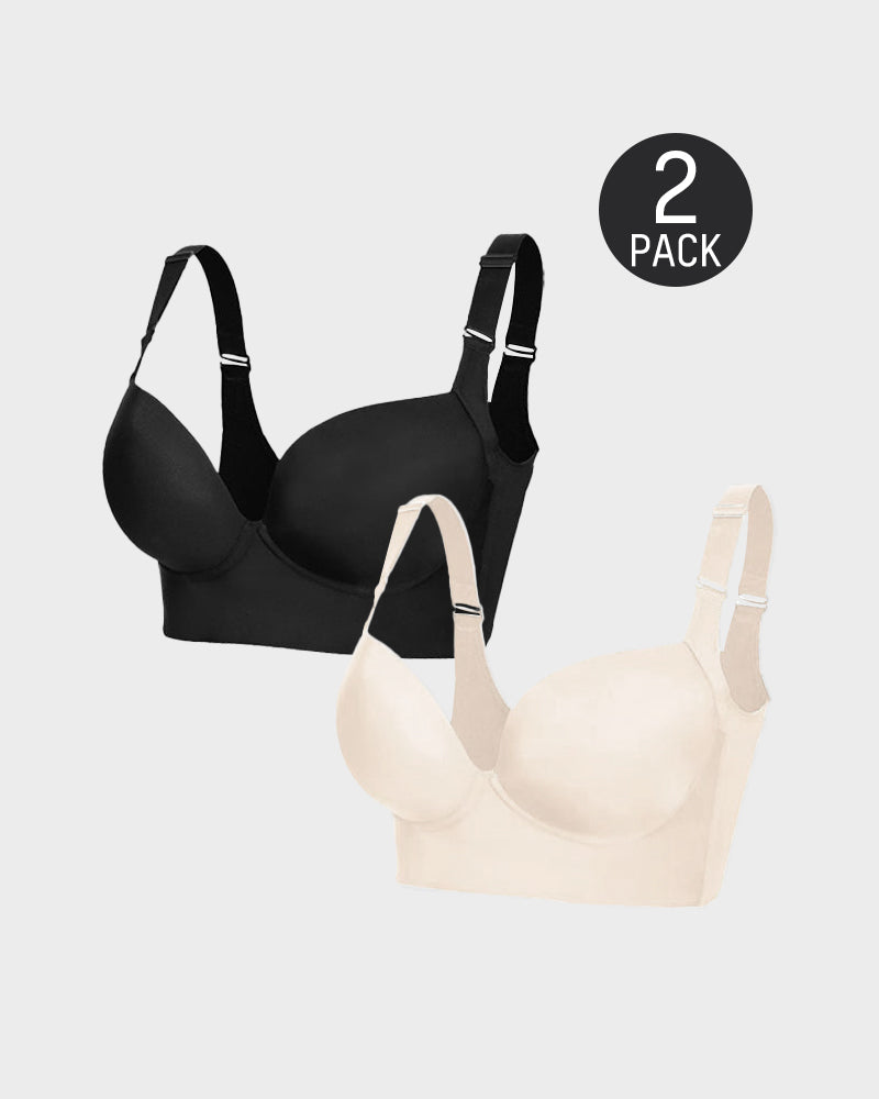 SheCurve® Smoothing Back Push-Up Enhancing Bra - Black+Beige (2 PACK）