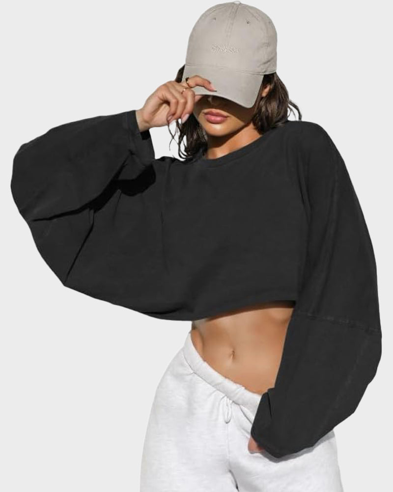 Athletic Cropped Long Sleeve Pullover with Oversized Sleeves