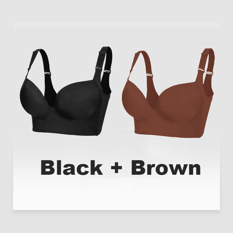 SheCurve®Full-Coverage V-Neck Back Smoothing Bra- Black+Brown (2 Pack)