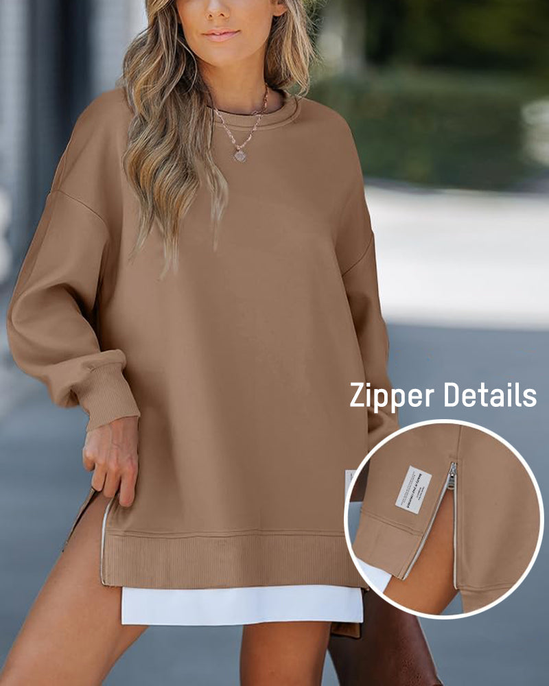 Casual Long Sleeve Zipper Slit Oversized Sweatshirt