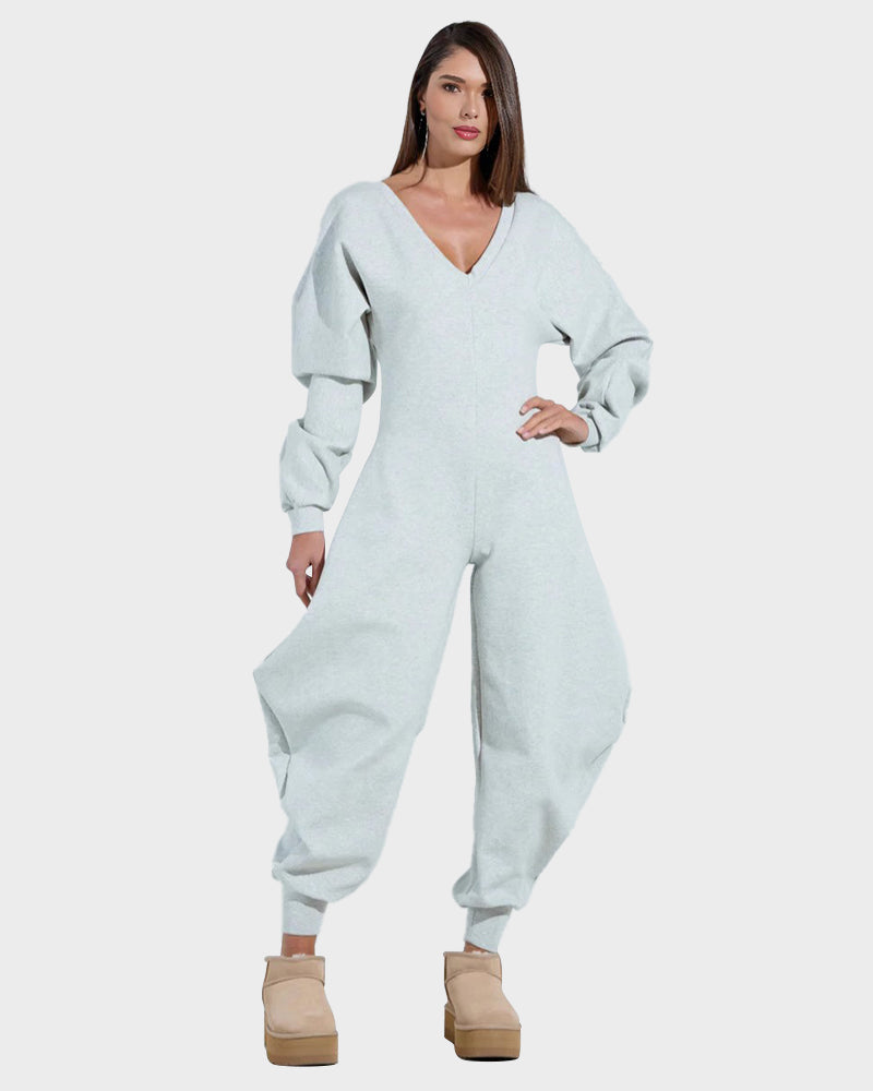 Cozy Deep V Sweatshirt Jumpsuit