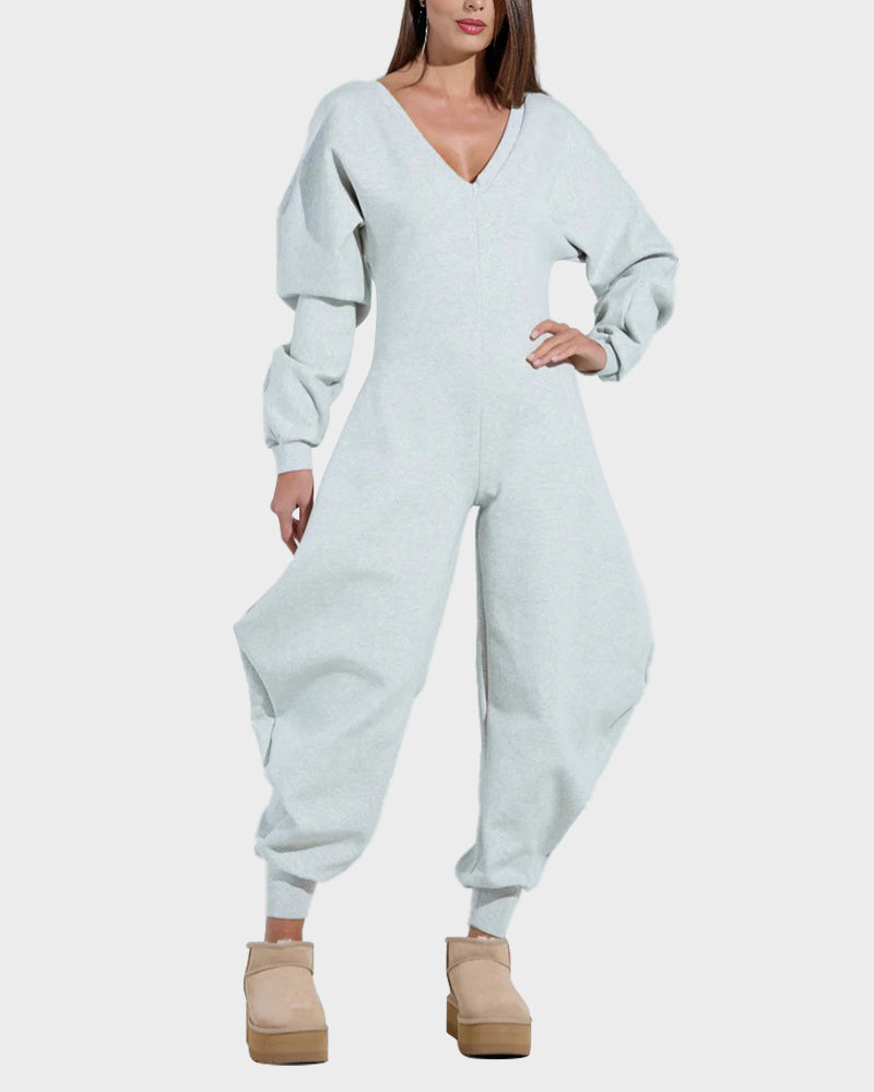 Cozy Deep V Sweatshirt Jumpsuit