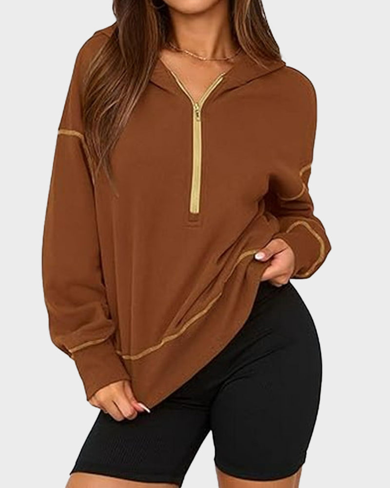 Cropped Half-Zip Hoodie with Contrast Stitching