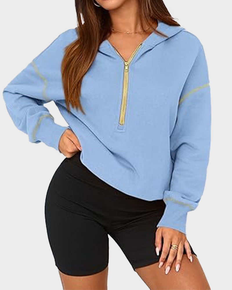 Cropped Half-Zip Hoodie with Contrast Stitching