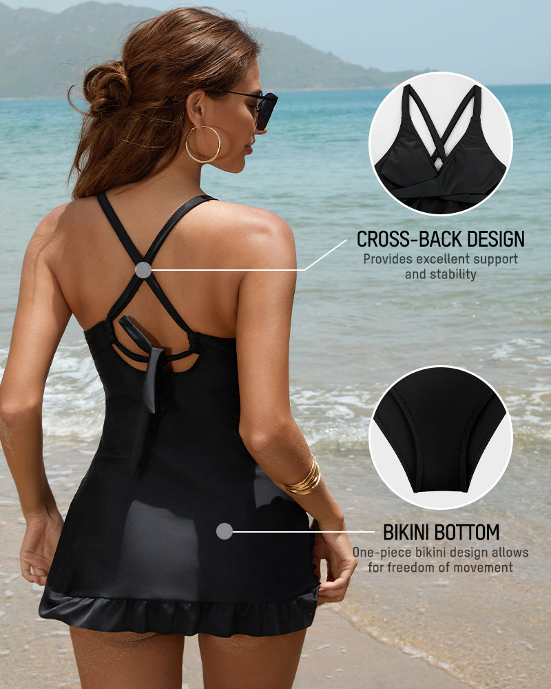 Deep V Cross-Back Ruched One-Piece Swimsuit