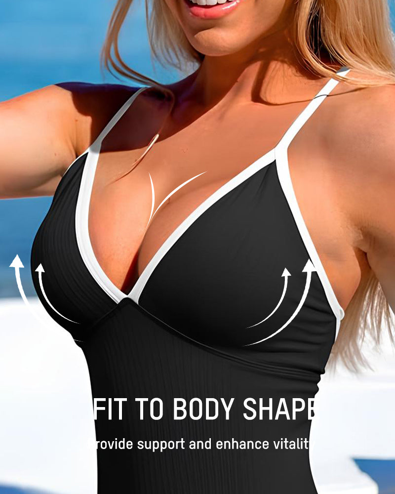 Deep V Ribbed Cross Back One-Piece Swimsuit
