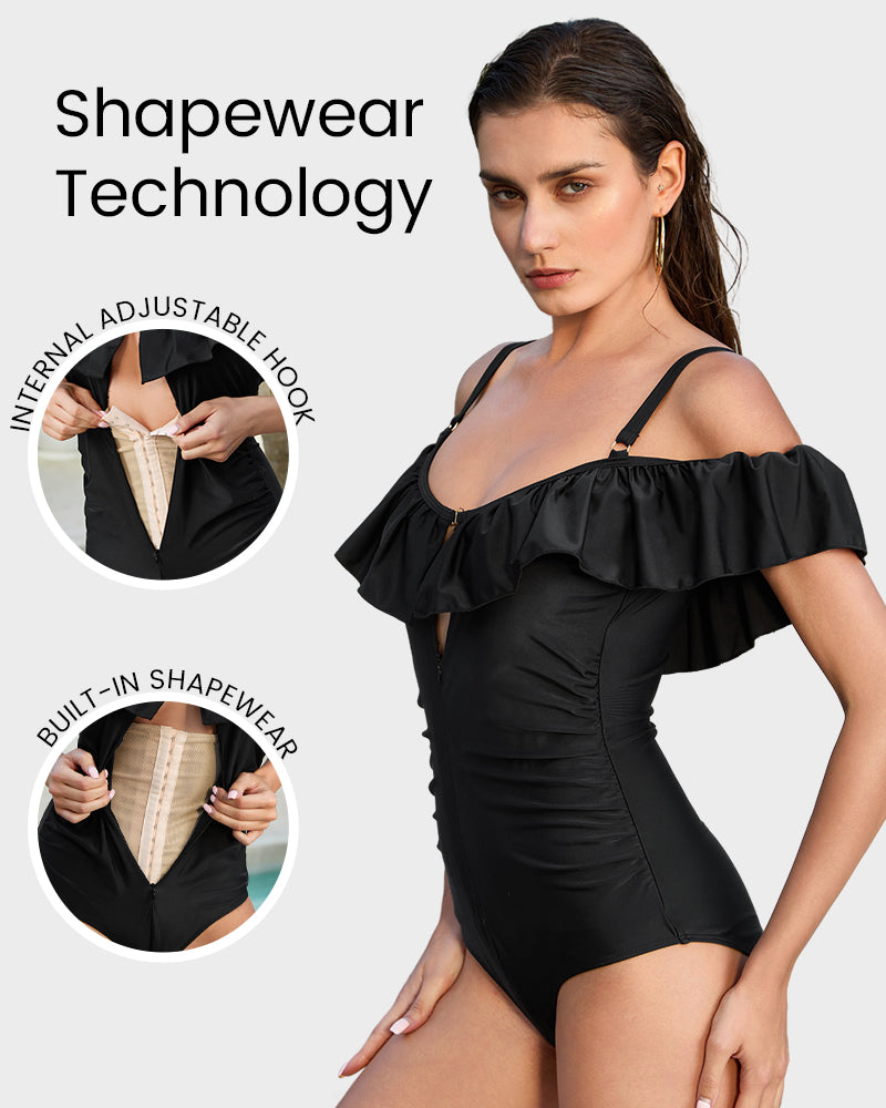 Drop-Shoulder Ruffled Zip-Front Shapewear Swimsuit