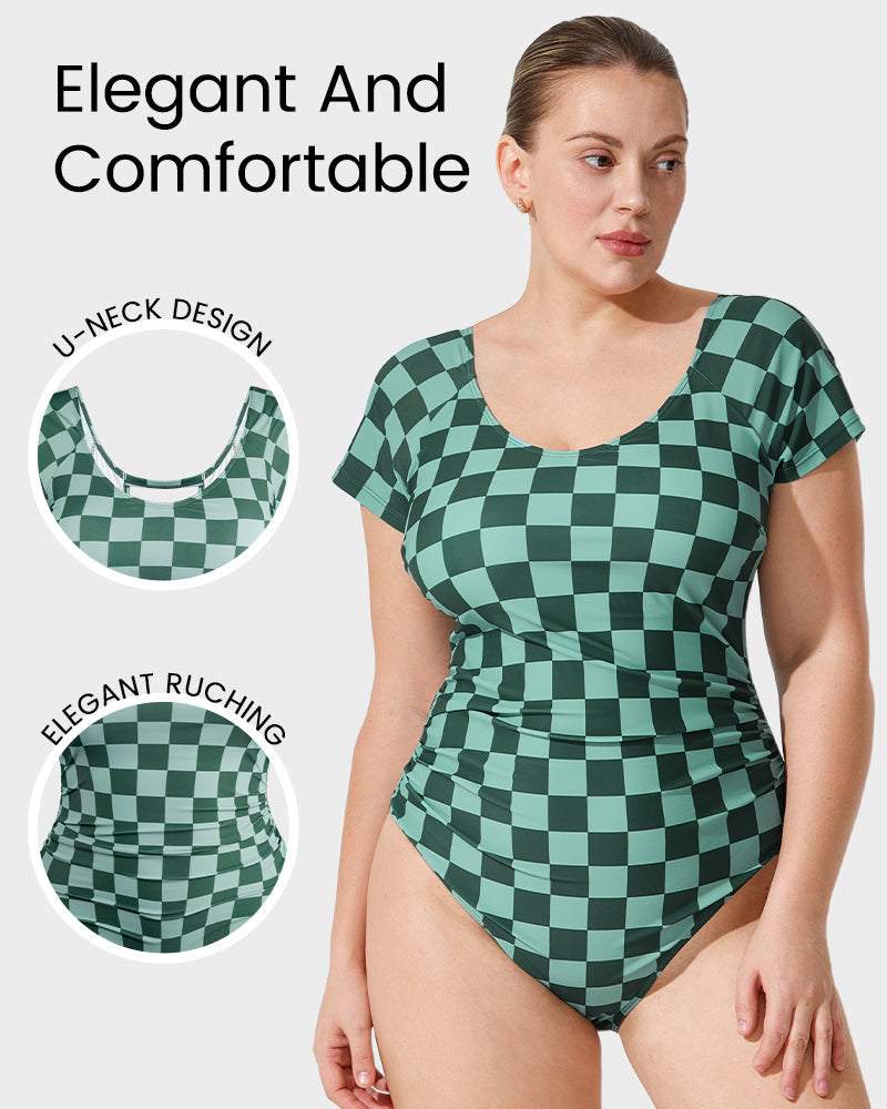 Green Check Short Sleeve Modest One-Piece Swimsuit