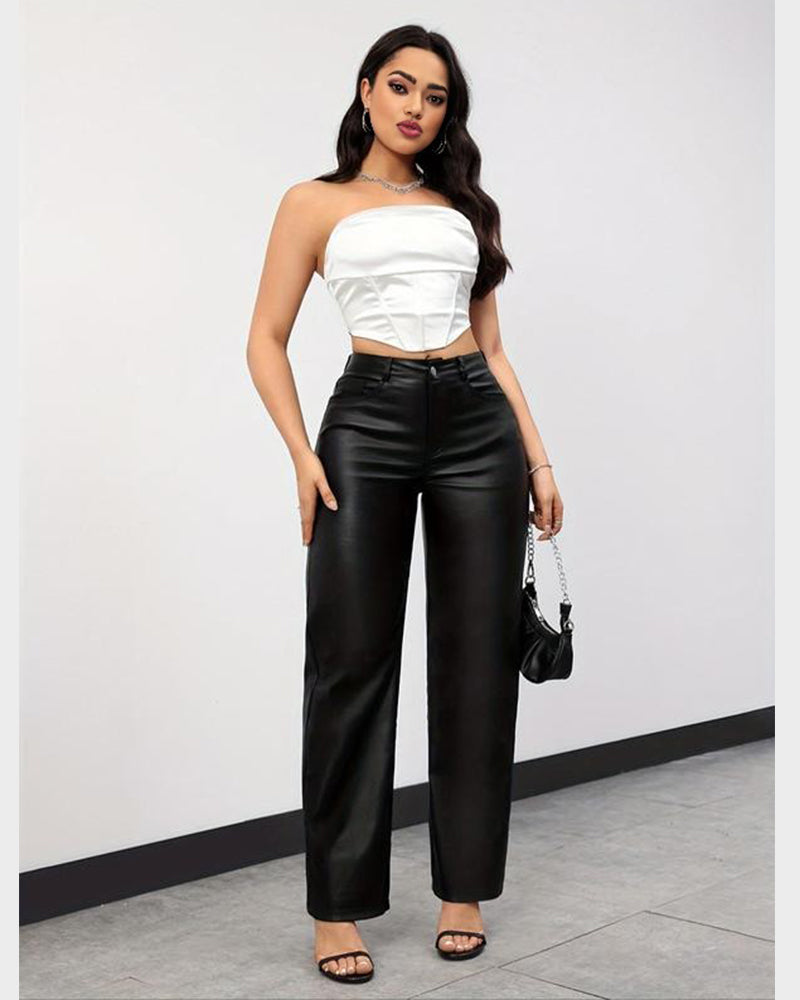 High-Waist Faux Leather Straight-Leg Pants