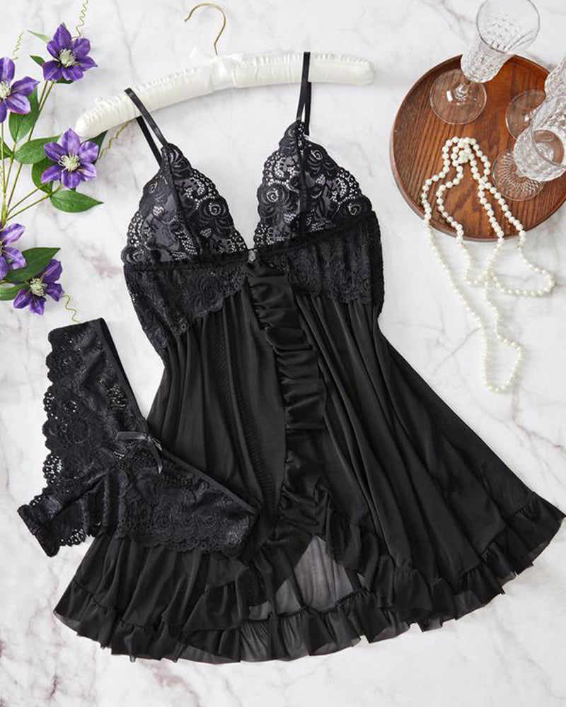 Lace Mesh See-Through Nightgown Set