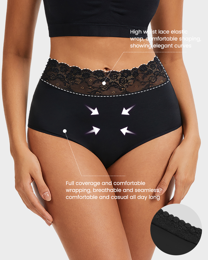 High-Waist Lace Trim Cotton Panties (5 Pack)