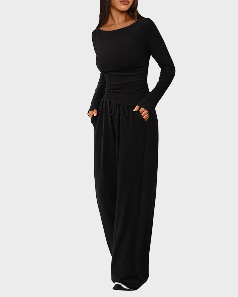 Long Sleeve Tee & Wide Leg Pants 2 Piece Lounge Set