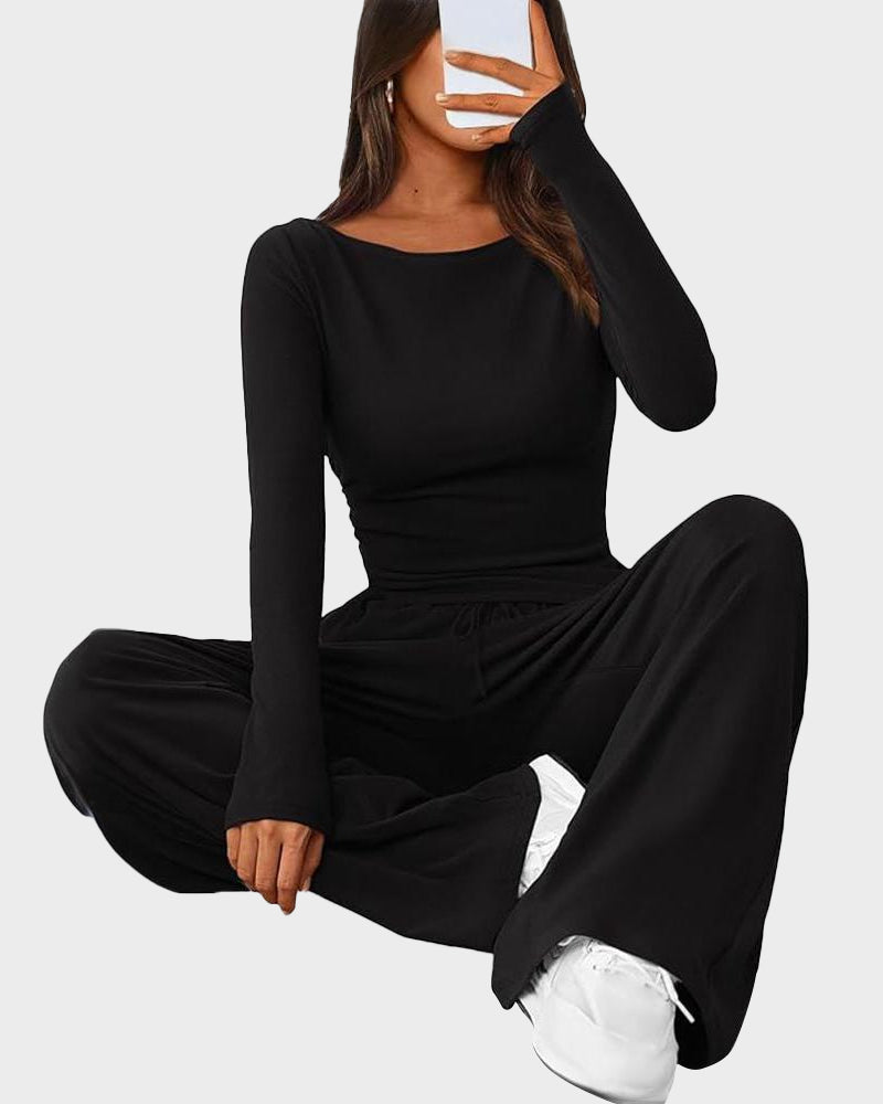 Long Sleeve Tee & Wide Leg Pants 2 Piece Lounge Set