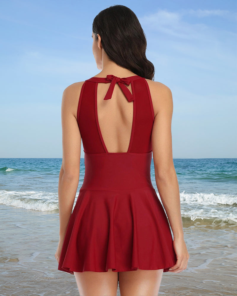 Mesh Skirt One-Piece Swimsuit with Built-In Bikini Bottom