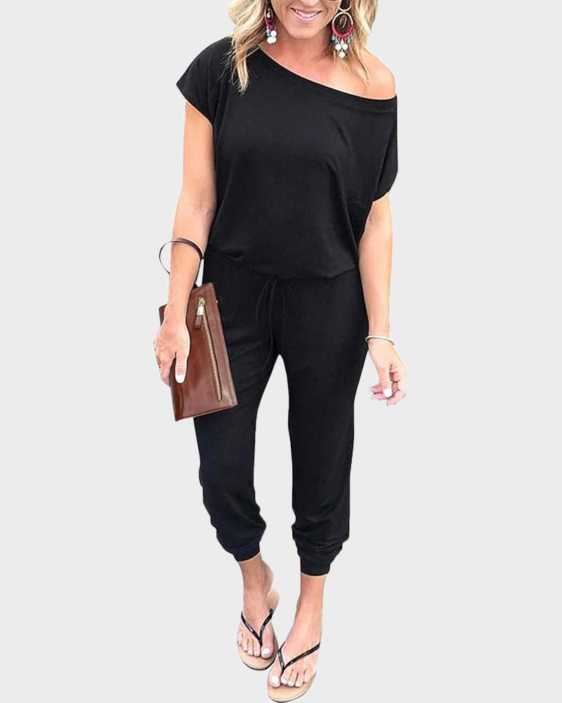 Off-Shoulder Short Sleeve Beam Foot Jumpsuit