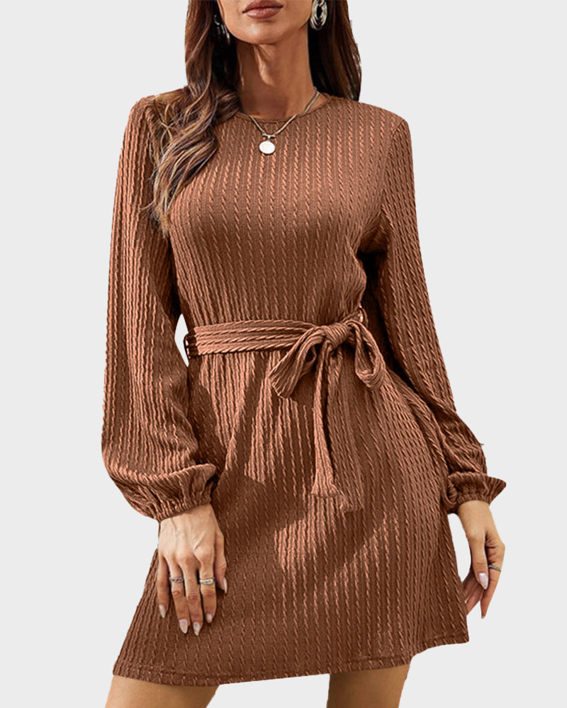 Ribbed Knit Tie-Waist Lantern Sleeve Dress