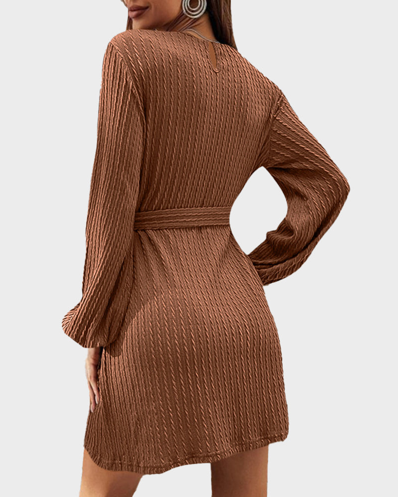 Ribbed Knit Tie-Waist Lantern Sleeve Dress