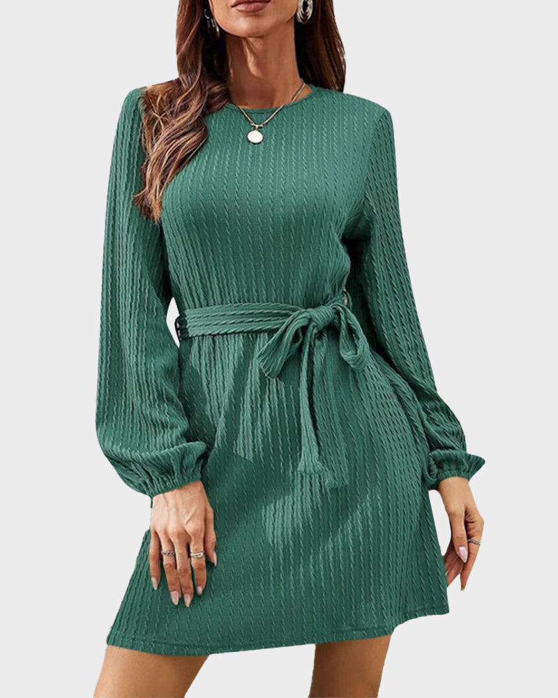Ribbed Knit Tie-Waist Lantern Sleeve Dress