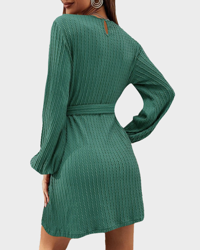 Ribbed Knit Tie-Waist Lantern Sleeve Dress