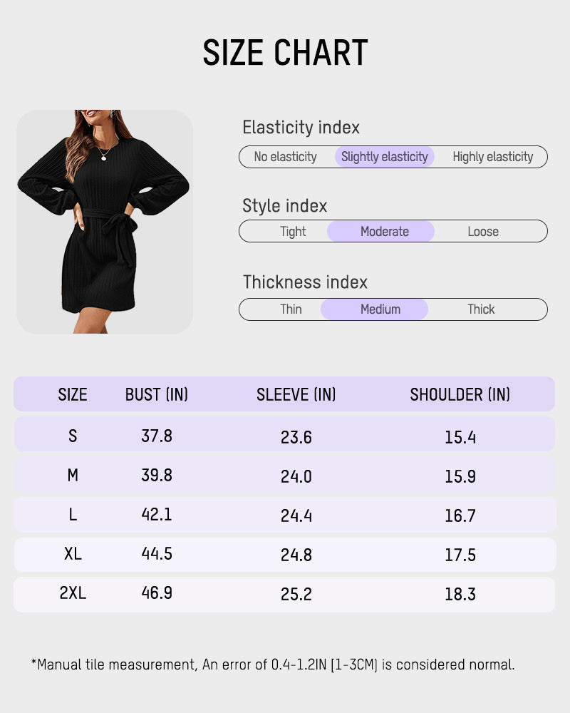 Ribbed Knit Tie-Waist Lantern Sleeve Dress