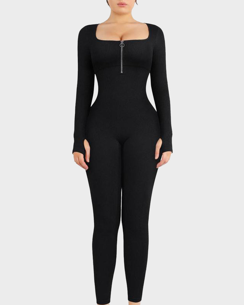 Seamless Ribbed Zip-Front Jumpsuit