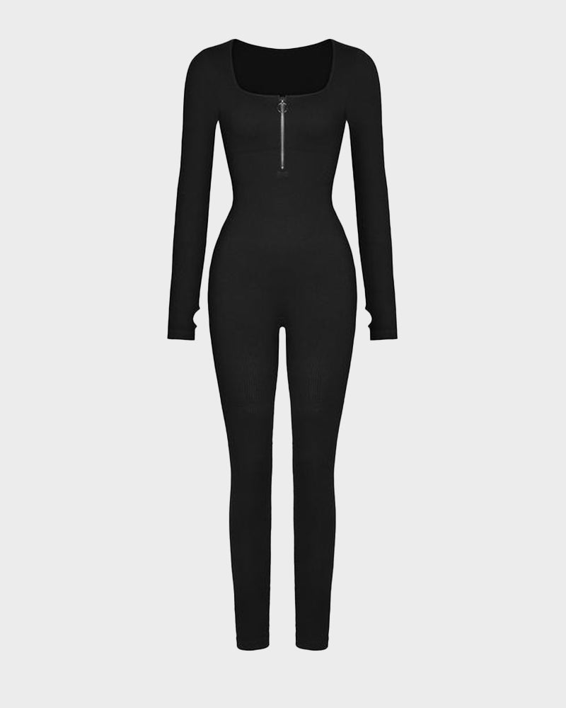 Seamless Ribbed Zip-Front Jumpsuit