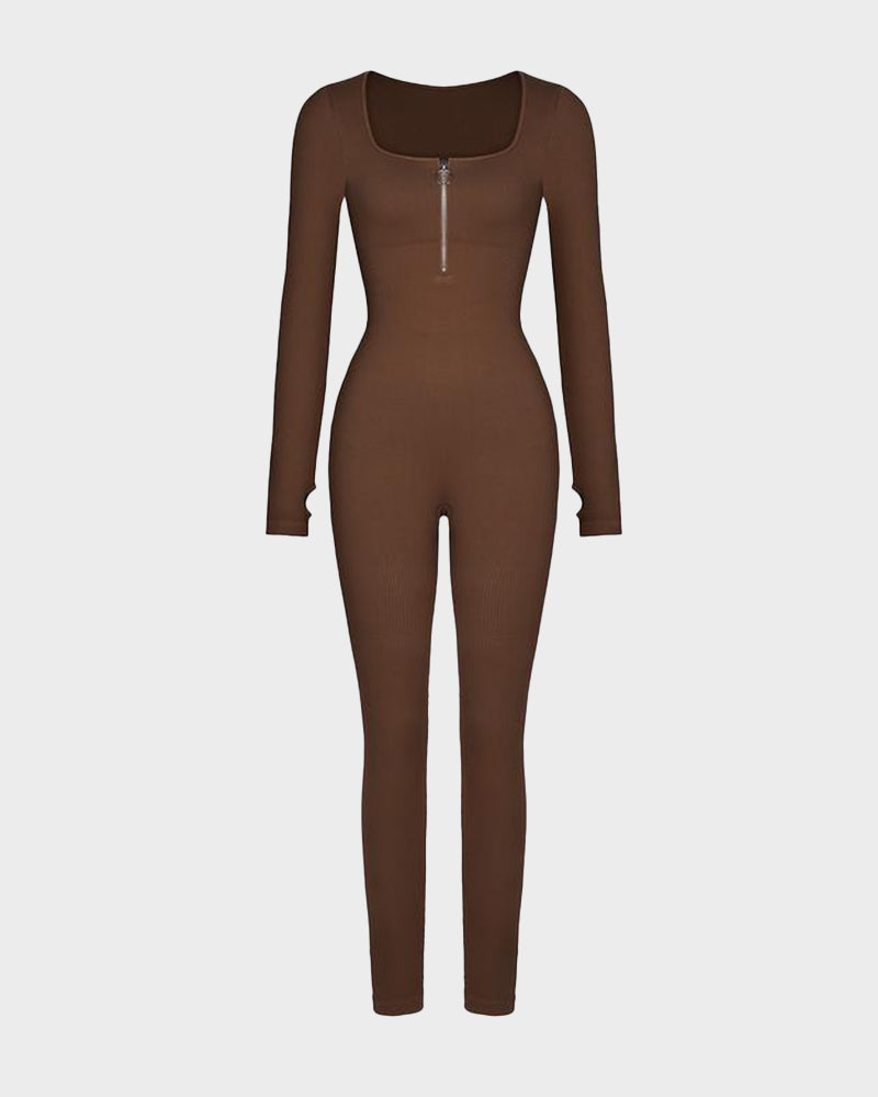 Seamless Ribbed Zip-Front Jumpsuit