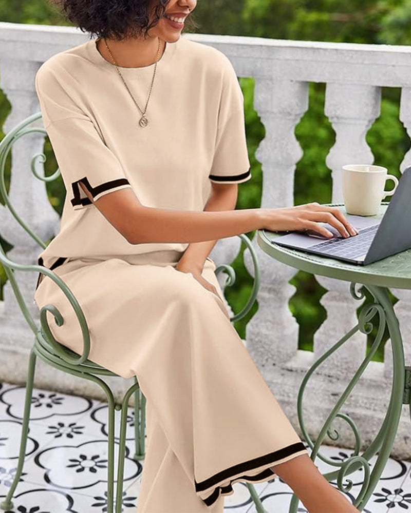 Soft Knit 2-Piece Lounge Set with Short Sleeve Top & Wide Leg Pants