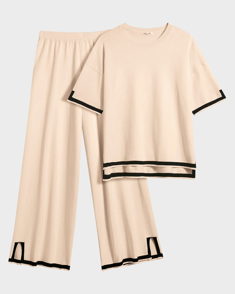 Soft Knit 2-Piece Lounge Set with Short Sleeve Top & Wide Leg Pants