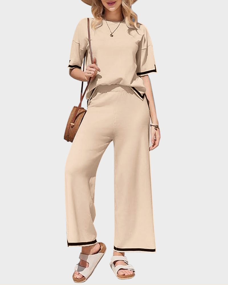 Soft Knit 2-Piece Lounge Set with Short Sleeve Top & Wide Leg Pants