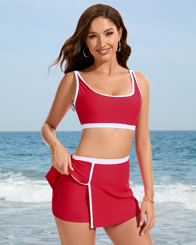 Sporty Color Block Side Slit Skirted Bikini Set