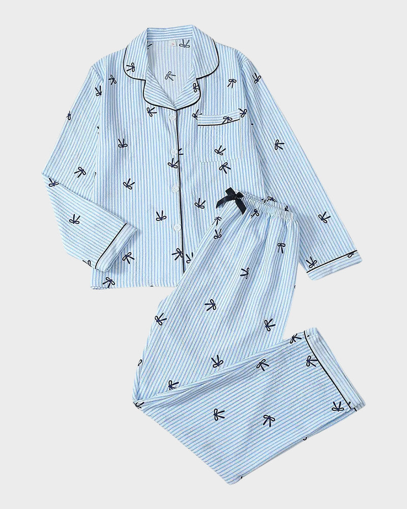 Striped Bow Print Long Sleeve Pajama Set