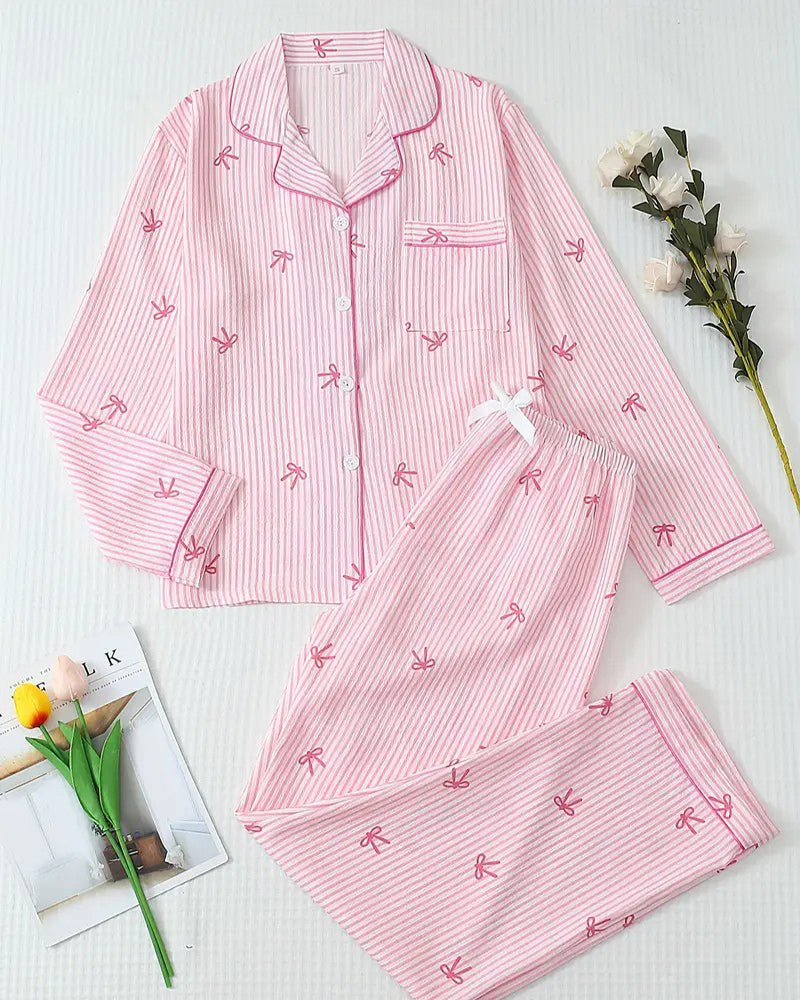 Striped Bow Print Long Sleeve Pajama Set