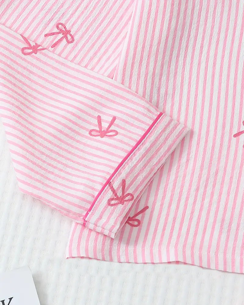 Striped Bow Print Long Sleeve Pajama Set