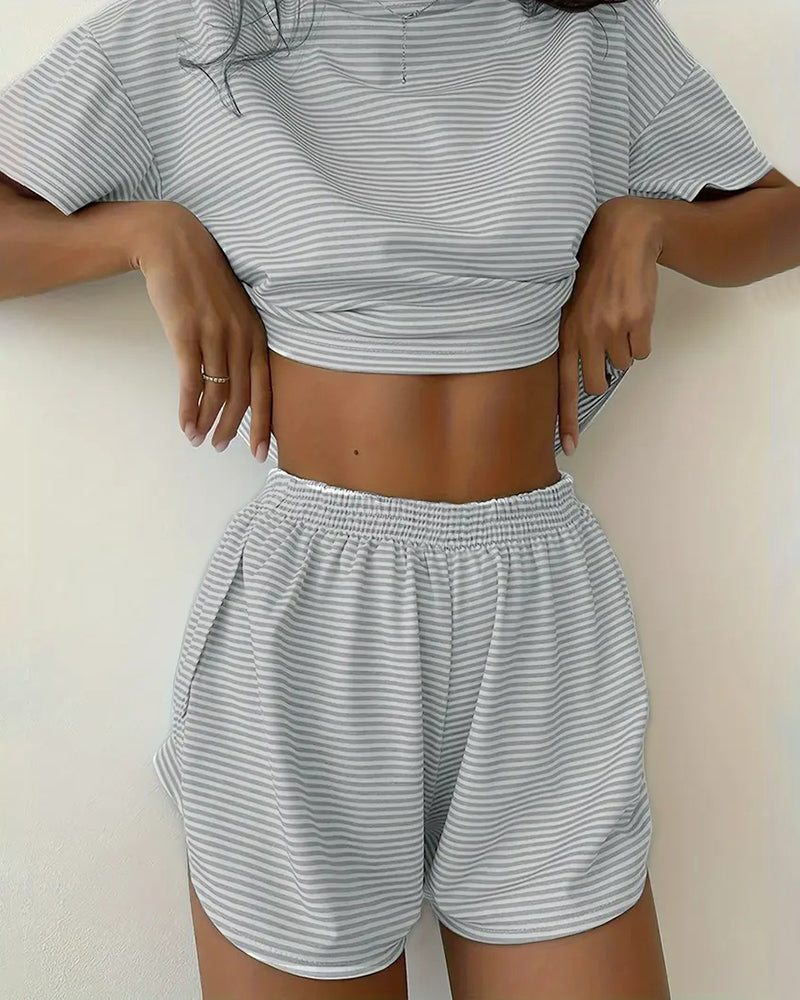 Two-Piece Striped Pajama Set with T-Shirt & Side-Split Shorts