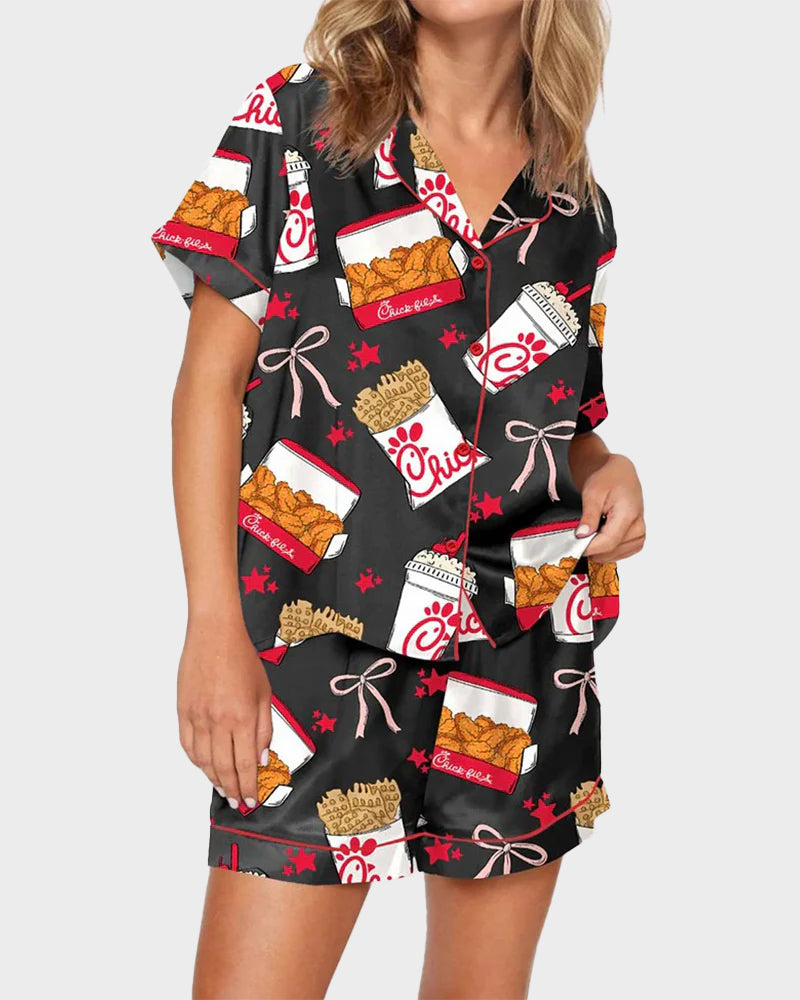 2-Piece Fried Chicken Print Satin Pajama Set