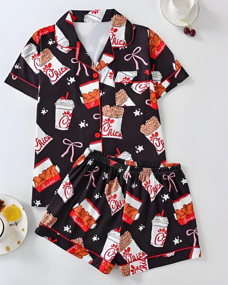 2-Piece Fried Chicken Print Satin Pajama Set