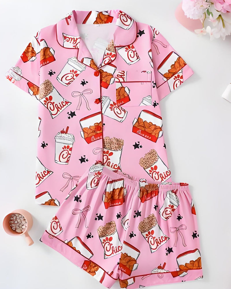 2-Piece Fried Chicken Print Satin Pajama Set