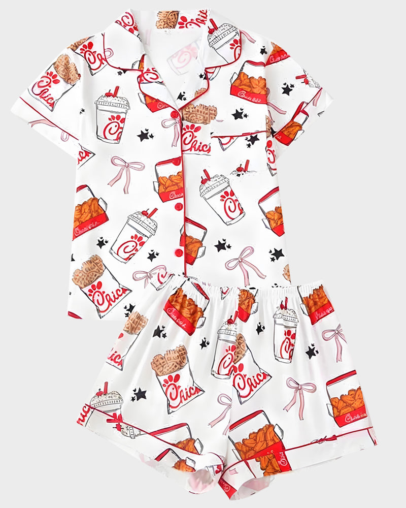 2-Piece Fried Chicken Print Satin Pajama Set